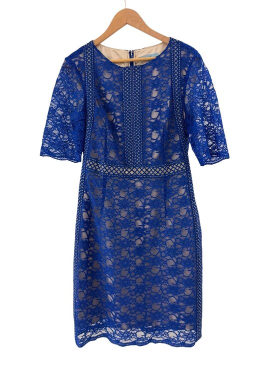 ANTONIO MELANI Dresses & Skirts - Antonio Melani Blue Lace Sheath Dress Nude Lining Scalloped Size 14 Wedding